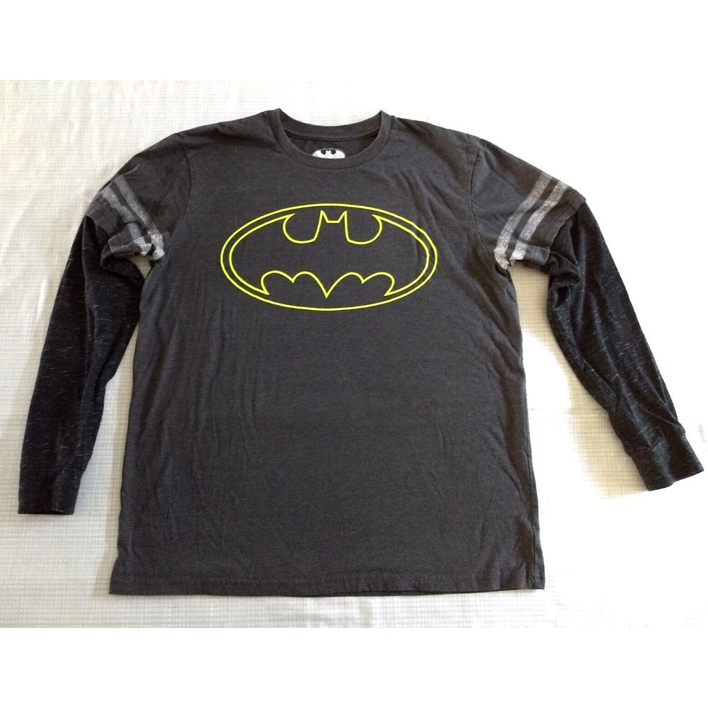 Batman‎ Long Sleeve T-Shirt Mens M Heather Gray Neon Yellow Logo DC Comics